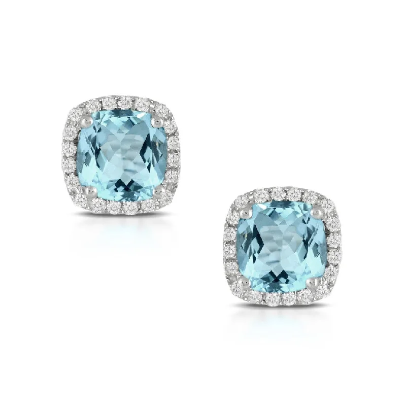 2.5ct Cushion Blue Topaz & Diamond 18K White Gold Stud Earrings