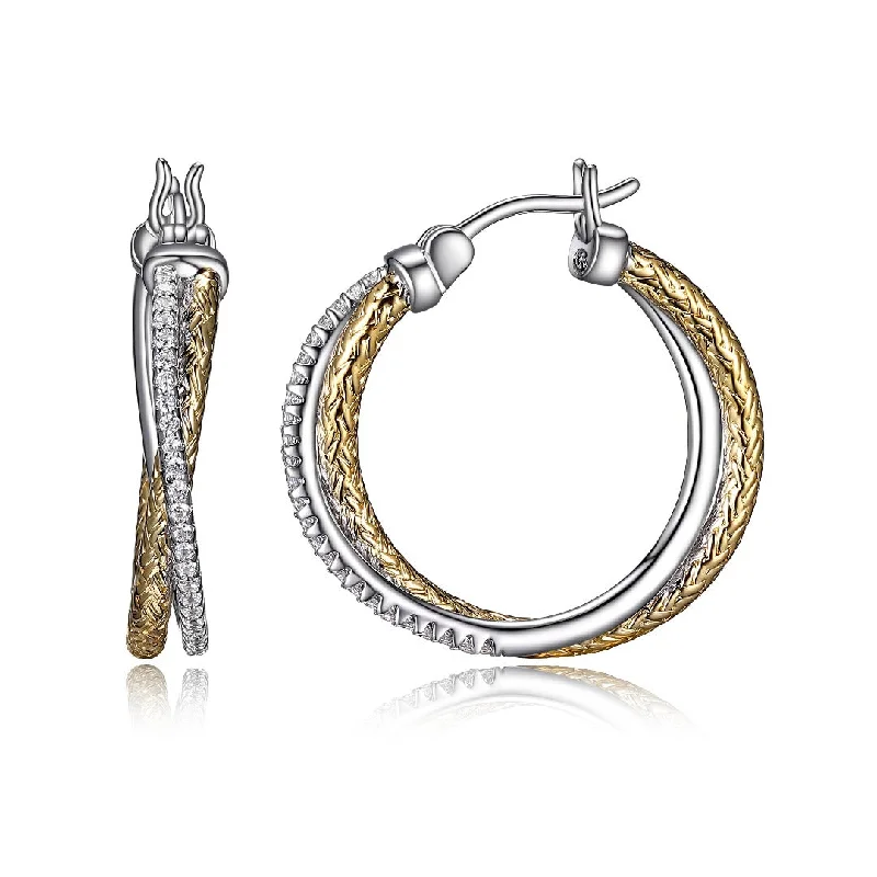 CZ Gold Plated Silver Crossed Mesh 25mm Hoop Earrings