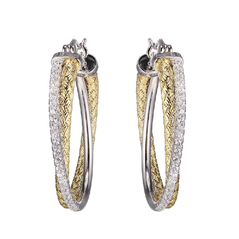 CZ Gold Plated Silver Crossed Mesh 35mm Hoop Earrings