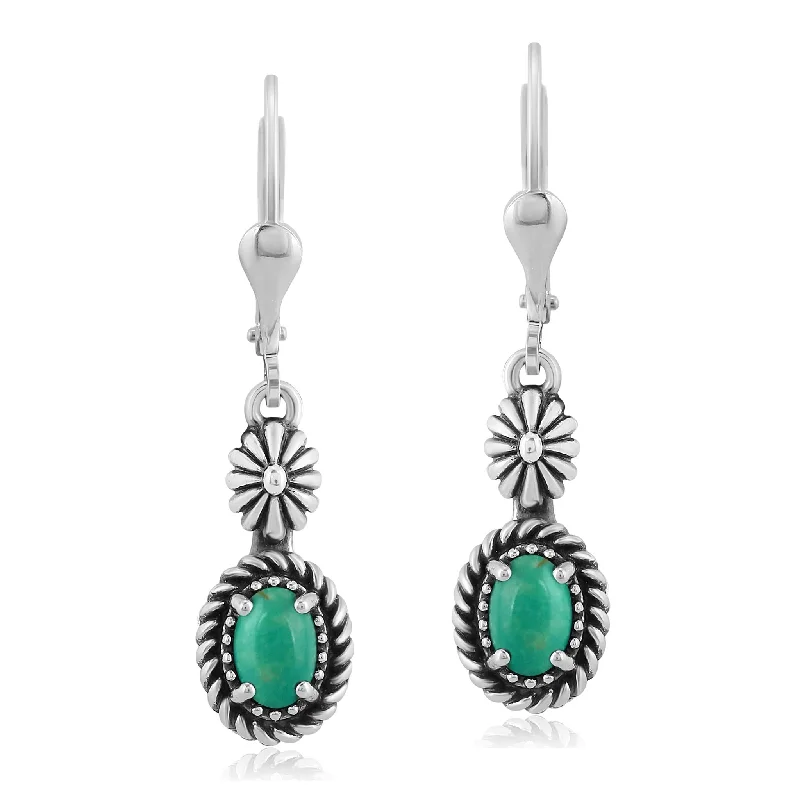 EXCLUSIVELY OURS! Sterling Silver Green Turquoise Floral and Rope Design Dangle Earrings