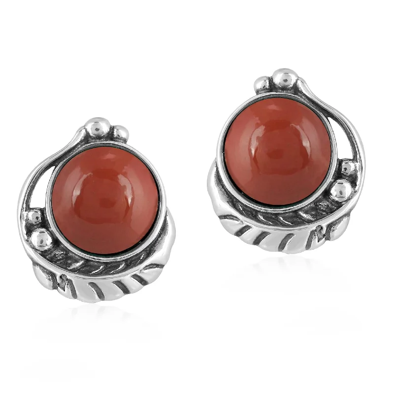 EXCLUSIVELY OURS! Sterling Silver Red Jasper Gemstone Leaf Design Button Earrings