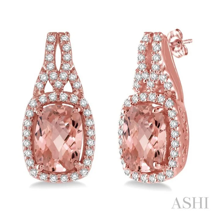 1/4 Ctw Round Cut Diamond and Cushion Cut 7x5mm Morganite Center Semi Precious Earrings in 14K Rose Gold