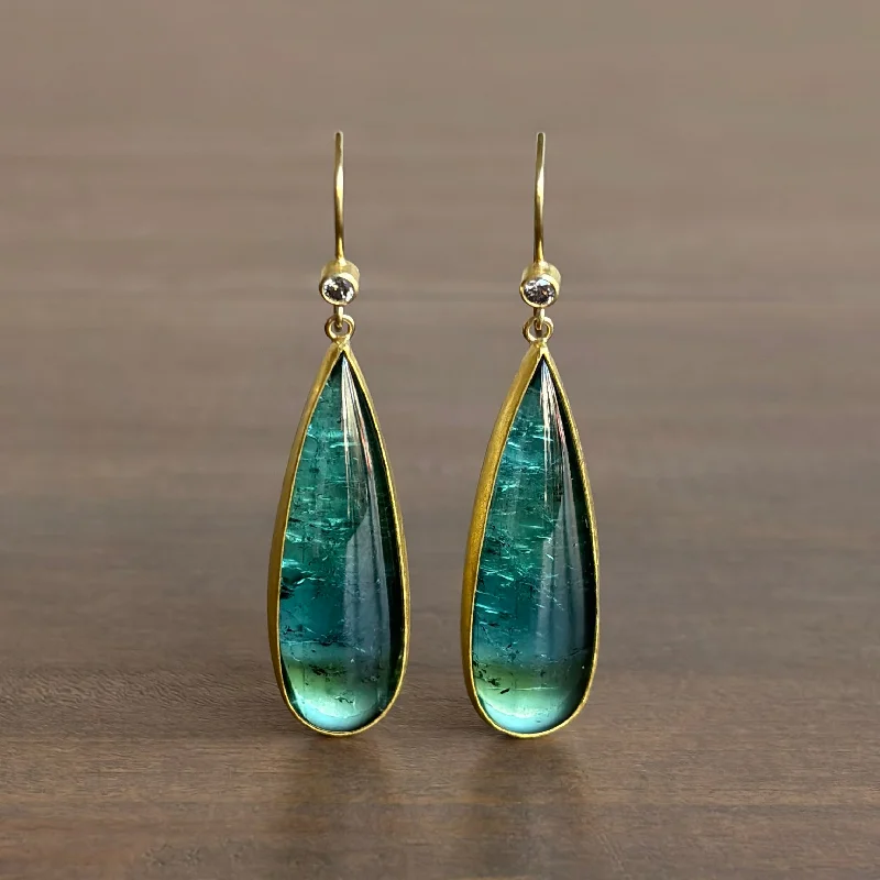 Large Blue/Green Tourmaline Earrings with Diamond Tops