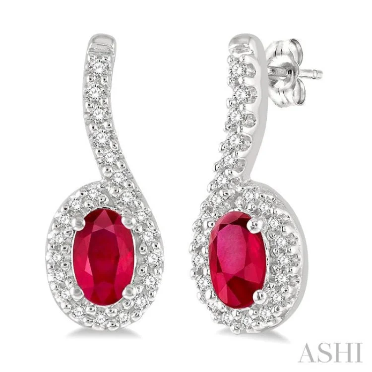 1/6 ctw Hanging Arm 5X3MM Oval Cut Ruby and Round Cut Diamond Precious Earring in 10K White Gold