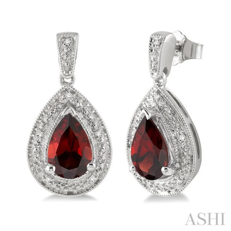 9x6MM Pear Shape Garnet and 1/20 Ctw Single Cut Diamond Earrings in Sterling Silver