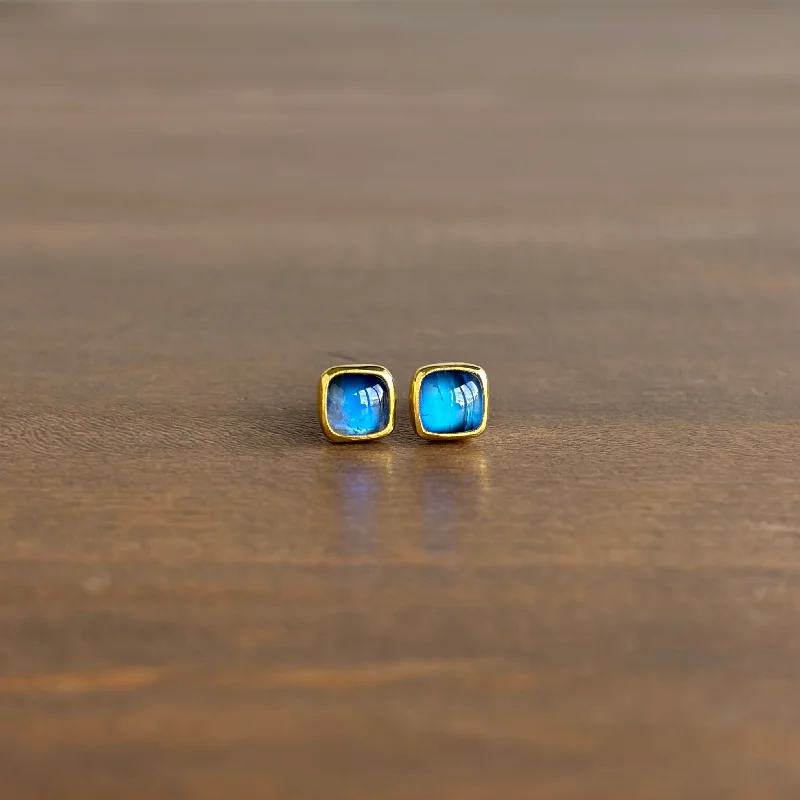 Rainbow Moonstone Cushion Cabochon Stud Earrings