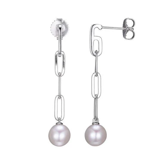 Rhodium Plated Silver Paperclip Chain Pearl Drop Earrings