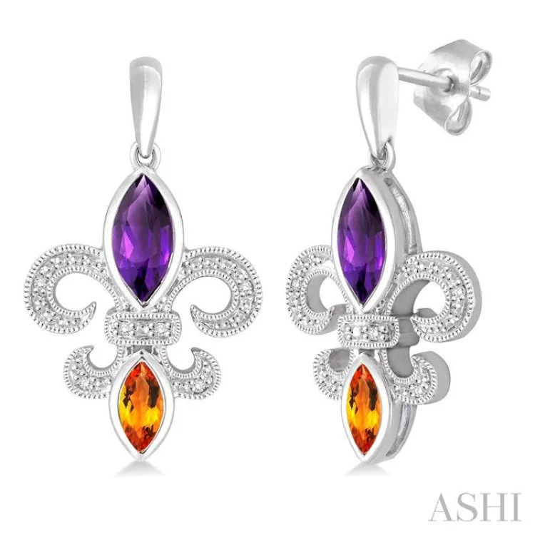 8x4 MM Marquise Cut Amethyst, 6x3 MM Marquise Cut Citrine and 1/20 Ctw Round Cut Diamond Fleur de lis Earrings in Sterling Silver