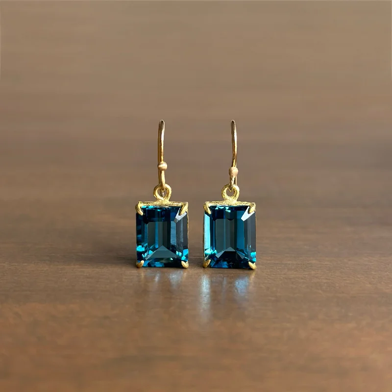 Small Emerald Cut London Blue Topaz Earrings