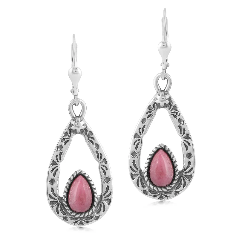 Sterling Silver Pear Shaped Rhodonite Drop and Dangle Earrings