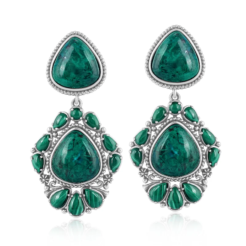 Sterling Silver Chrysocolla and Malachite Chandelier Dangle Earrings