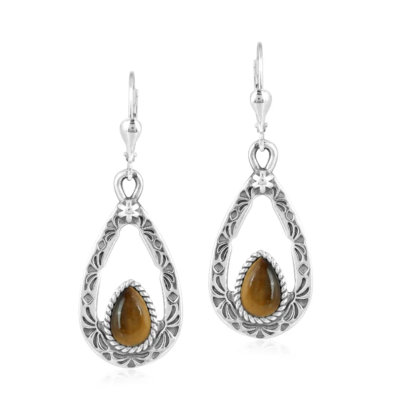 Sterling Silver Golden Brown Tiger's Eye Gemstone Teardrop Dangle Earrings