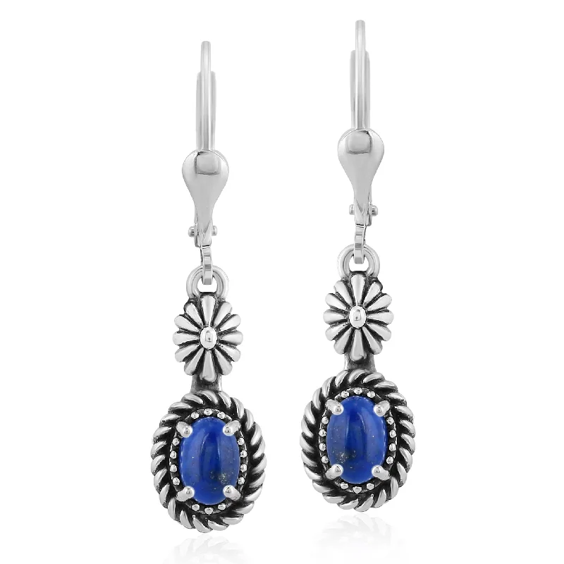 Sterling Silver Lapis Floral and Rope Design Dangle Earrings