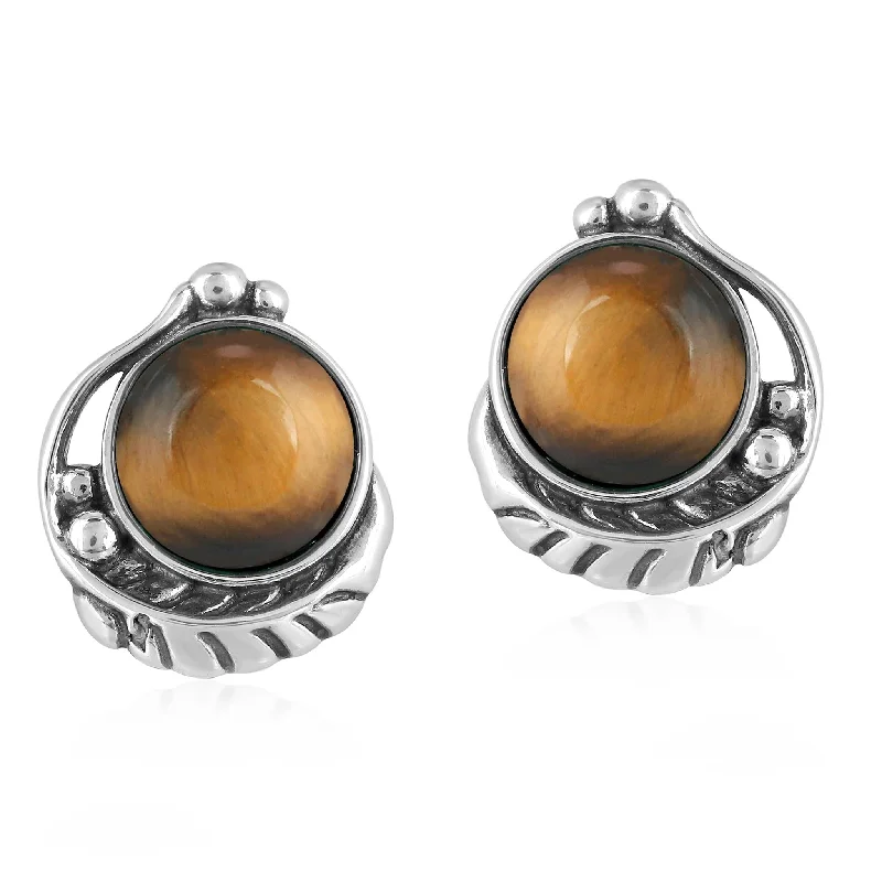 Sterling Silver Tiger's Eye Leaf Design Button Earrings