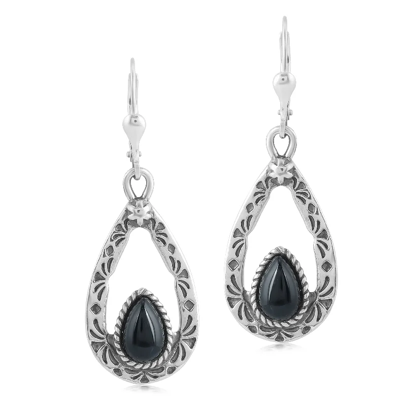 EXCLUSIVELY OURS! Sterling Silver with Pear Shaped Black Agate Gemstone Drop and Dangle Earrings