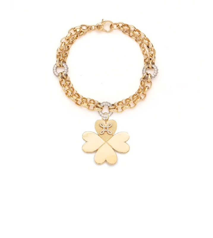 Four Heart Clover with Pave True Love Knot : Heavy Mixed Belcher Diamond Bracelet