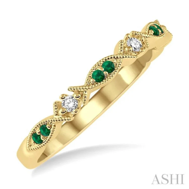 1.25 MM Round Cut Green Emerald and 1/20 Ctw Round Cut Diamond Half Eternity Wedding Band in 14K Yellow Gold