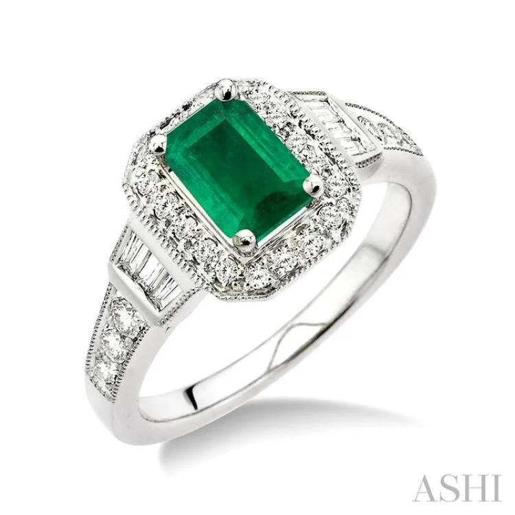 6x4 MM Emerald Shape Emerald and 1/4 Ctw Round and Baguette Cut Diamond Ring in 14K White Gold