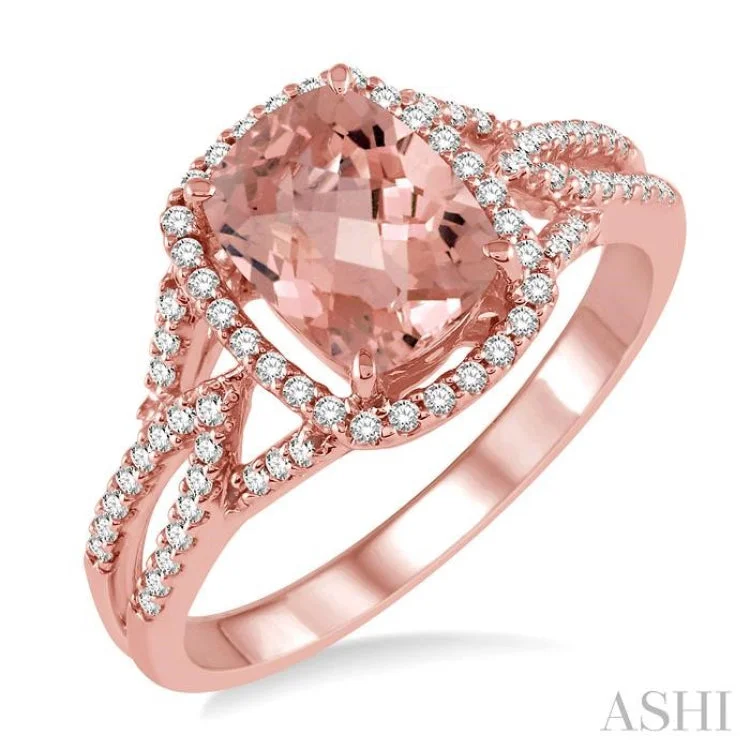 1/4 Ctw Round Cut Diamond and 8x6mm Cushion Shape Morganite Semi Precious Ring in 14K Rose Gold