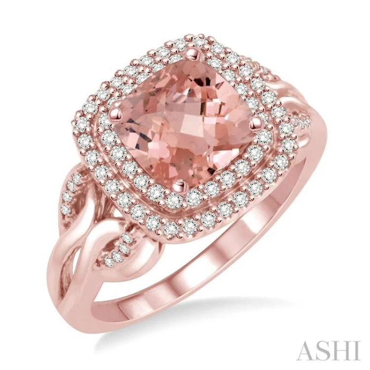 1/3 Ctw Round Diamond and Cushion Shape 7x7mm Morganite Double Row Semi Precious Ring in 10K Rose Gold