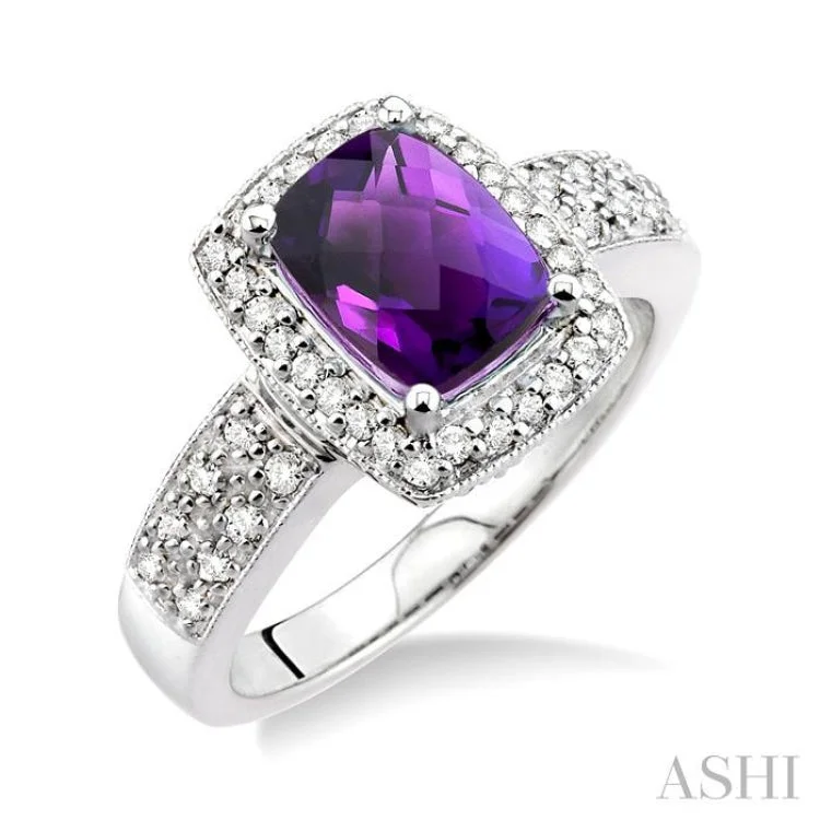 8x6 MM Cushion Shape Amethyst and 1/3 Ctw Round Cut Diamond Ring in 14K White Gold