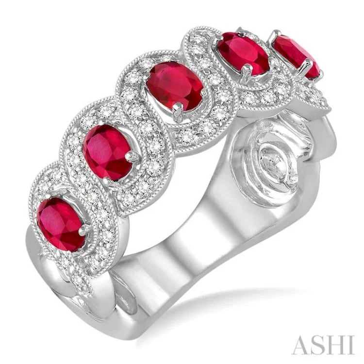 4x3 MM Oval Cut Ruby and 1/2 Ctw Round Cut Diamond Ring in 14K White Gold