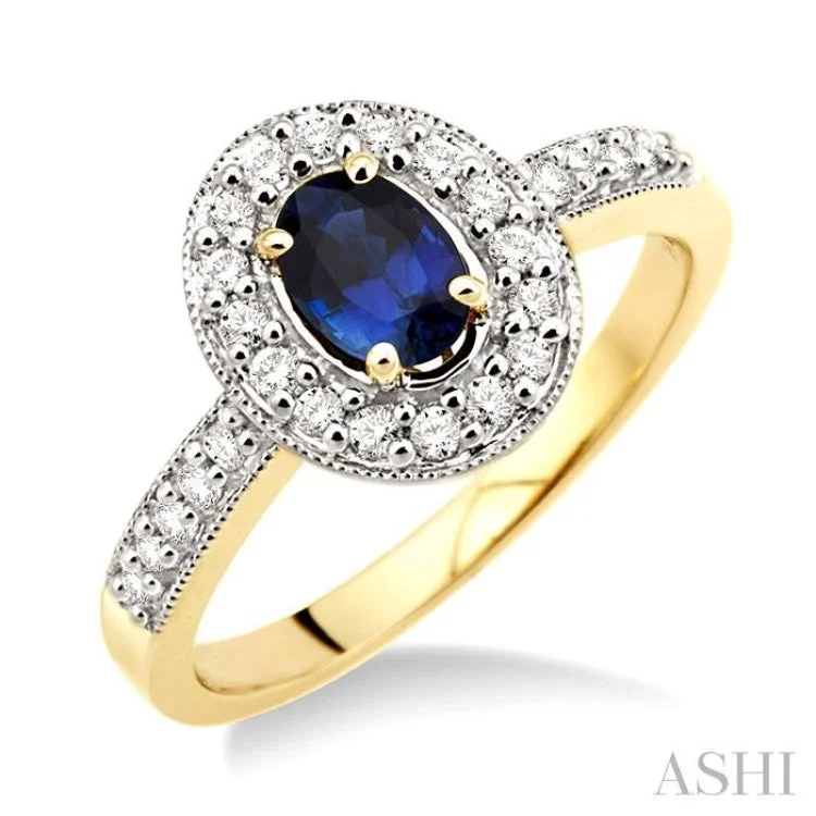 6x4 MM Oval Cut Sapphire and 1/4 Ctw Round Cut Diamond Ring in 14K Yellow Gold