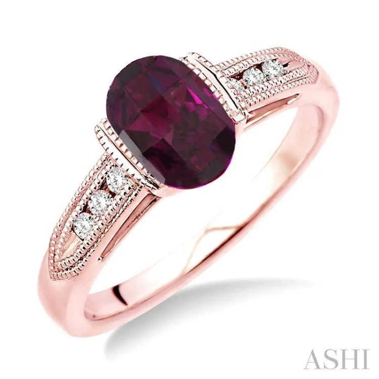 8x6 MM Oval Shape Rhodolite Garnet and 1/10 Ctw Diamond Ring in 14K Rose Gold