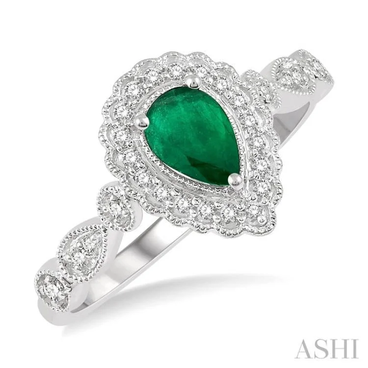 1/6 Ctw Pear Shape 6x4 MM Emerald & Round Cut Diamond Precious Ring in 10K White Gold