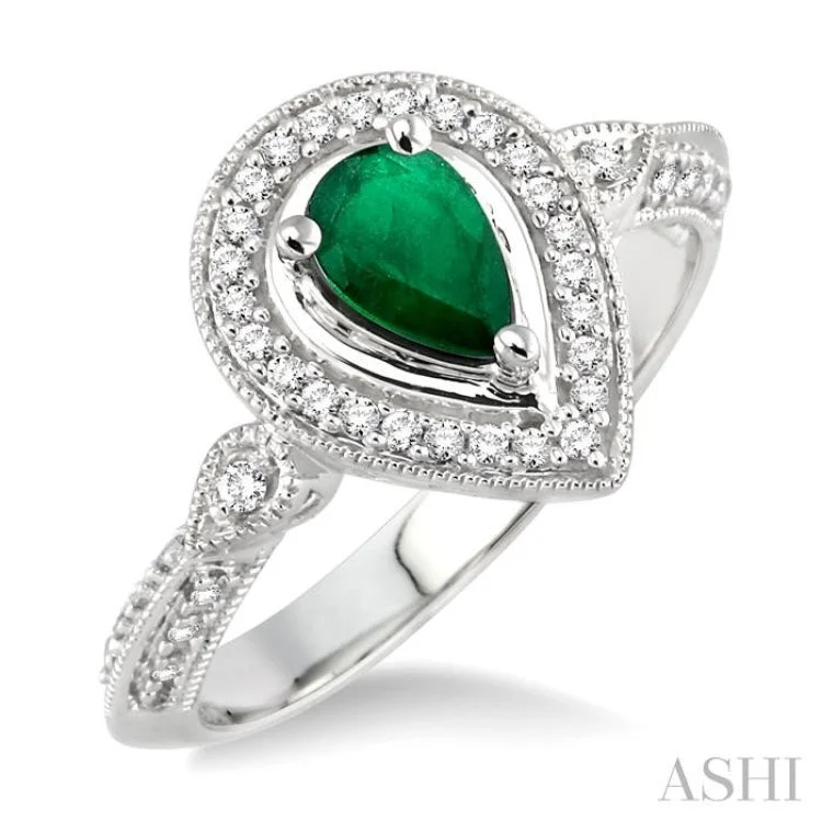 6x4 MM Pear Shape Emerald and 1/6 Ctw Round Cut Diamond Ring in 14K White Gold