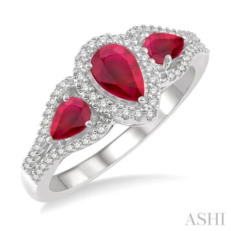 1/5 Ctw Triple Pear Shape 6x4mm & 5x3 MM Ruby & Round Cut Diamond Precious Ring in 10K White Gold