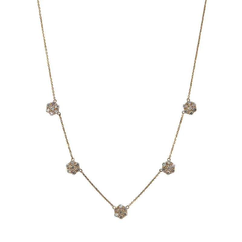 2ct Diamond Flower Cluster 5 Station 14K Yellow Gold Necklace