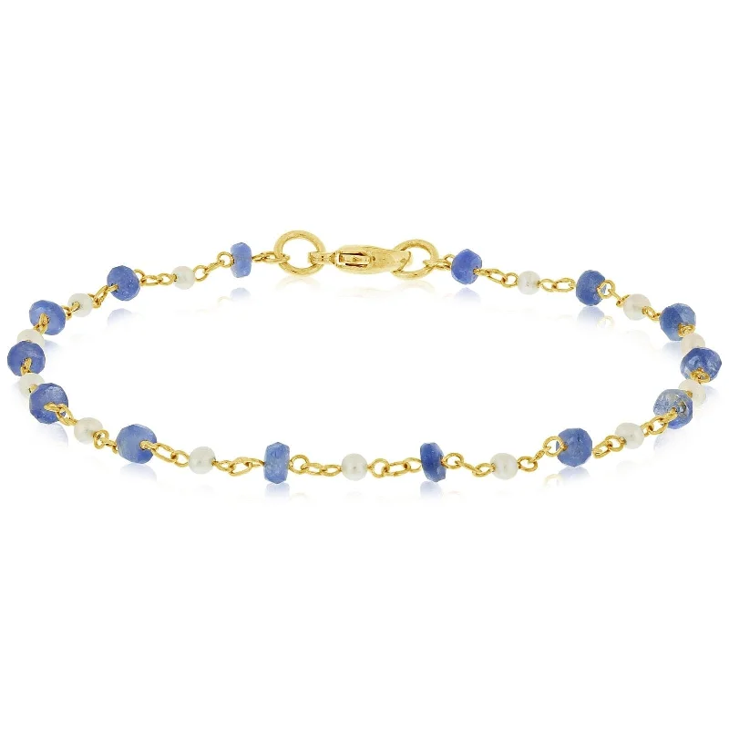 Blue Sapphire & White Pearl Station Bead Bracelet