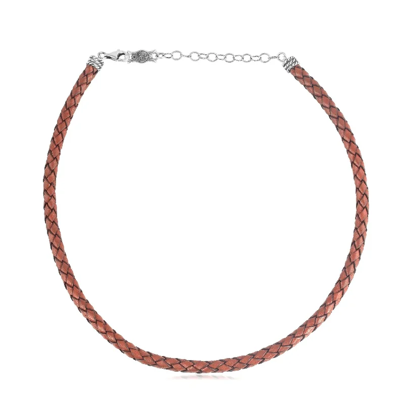 Braided Genuine Rust Leather Sterling Silver Necklace, 17 to 20 Inches