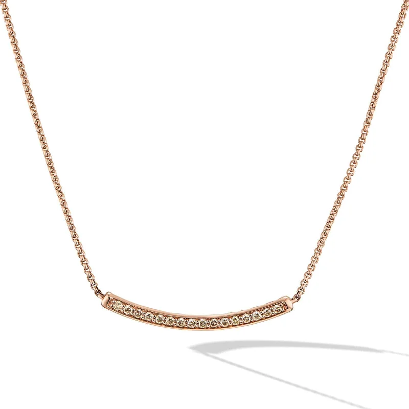 Petite Pavé Bar Necklace in 18K Rose Gold with Cognac Diamonds, 1.25mm