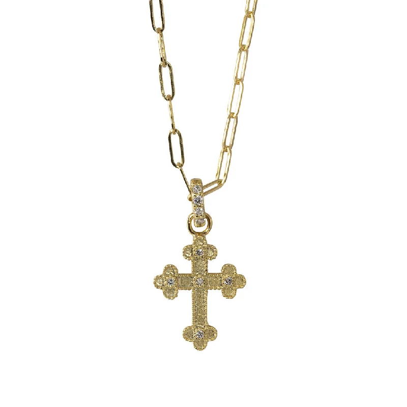 Diamond 14K Gold Cross Pendant Paperclip Chain Necklace