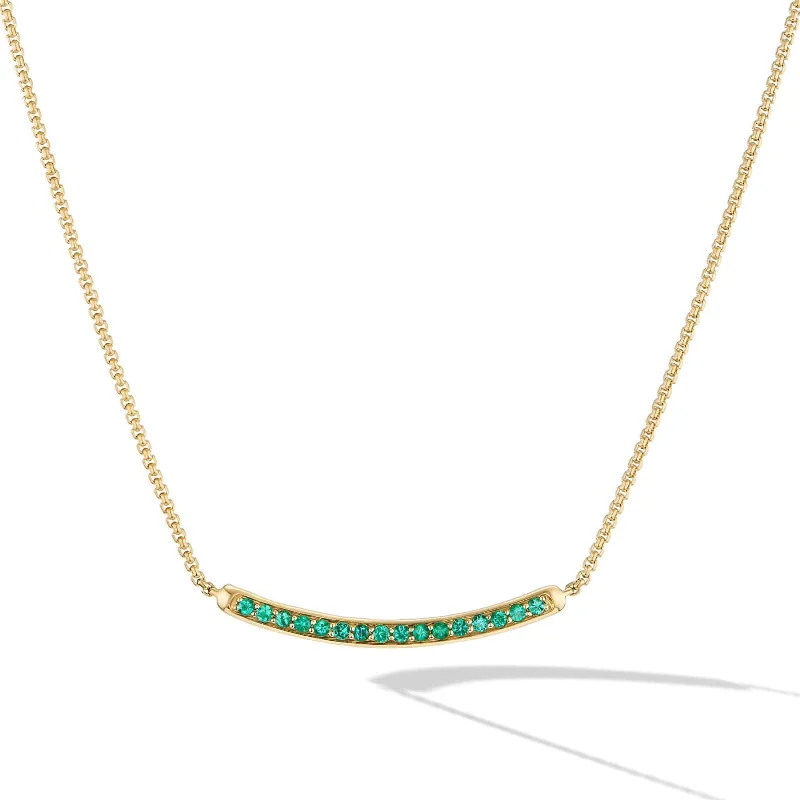 Petite Pavé Bar Necklace 18K Yellow Gold with Emeralds, 1.25mm