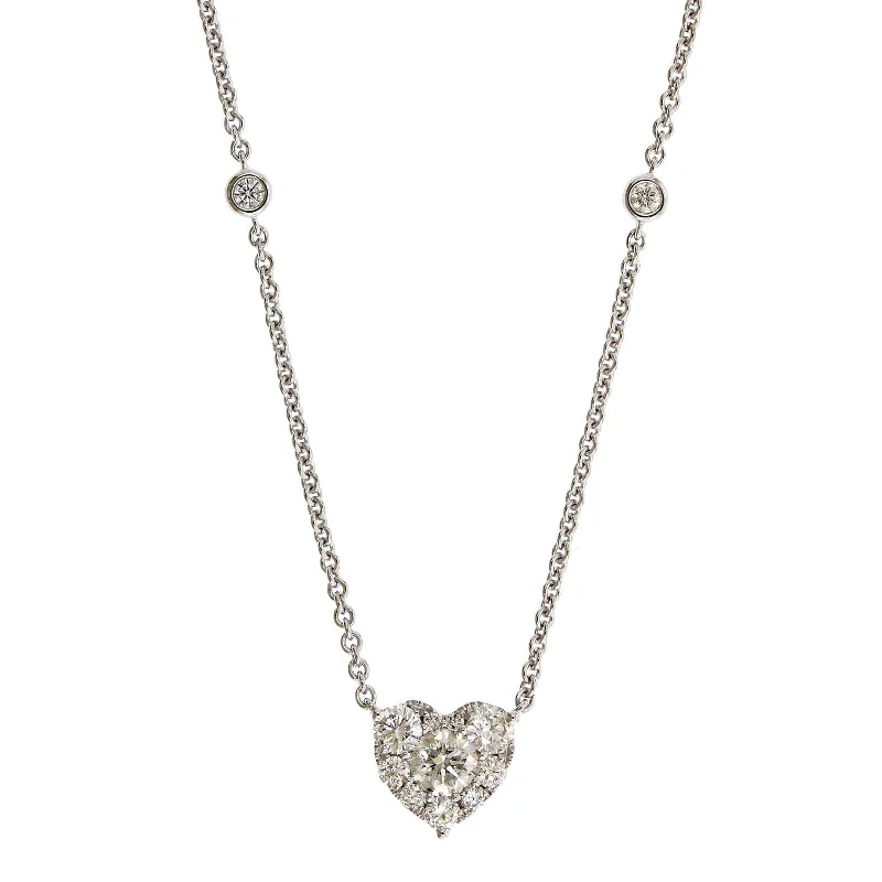 14K White Gold Diamond Cluster Heart Shaped Necklace