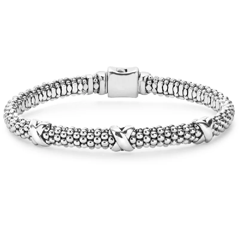 Lagos Silver Three Station 'X' Caviar Bracelet, 6mm