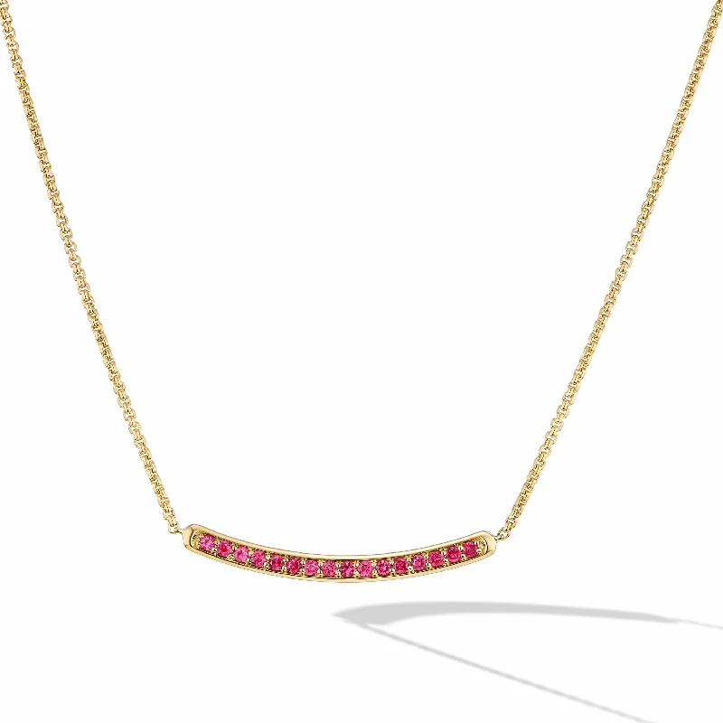 Petite Pavé Bar Necklace in 18K Yellow Gold with Rubies, 1.25mm