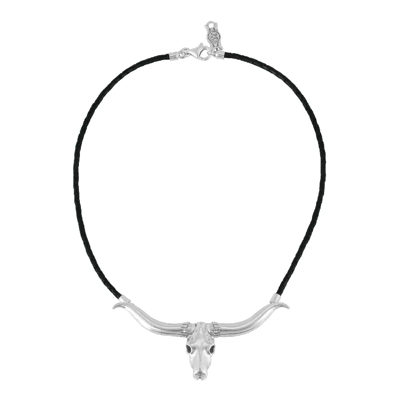 Southwestern Sterling Silver Longhorn Skull Black Leather Necklace, 17 or 20 Inch Length