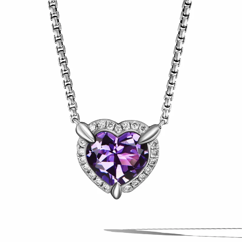 Chatelaine® Heart Pendant Necklace in Sterling Silver with Amethyst and Pavé Diamonds