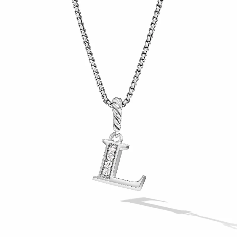 Pavé Initial Pendant Necklace in Sterling Silver with Diamond L