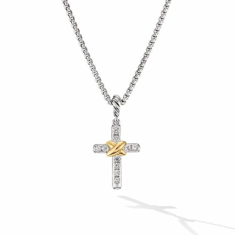 Petite Cross Necklace in Sterling Silver with 18K Yellow Gold with Diamonds, 20.8mm