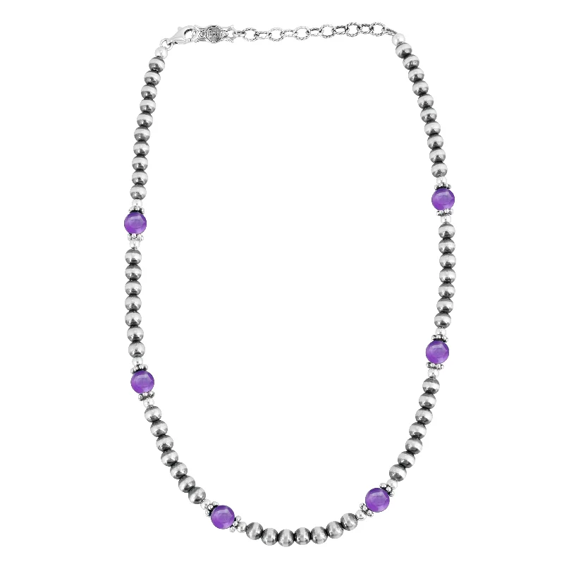 Sterling Silver and Amethyst Bead Necklace, 17 to 20 Inches