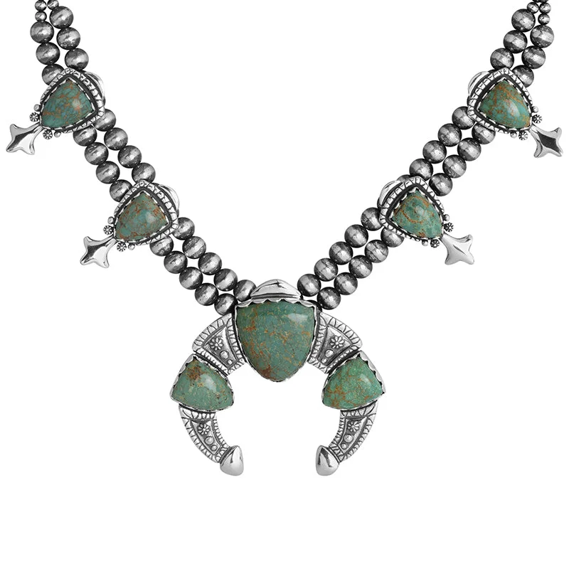 Sterling Silver Green Turquoise Arrowhead Squash Blossom Statement Necklace, 18 to 21 Inches