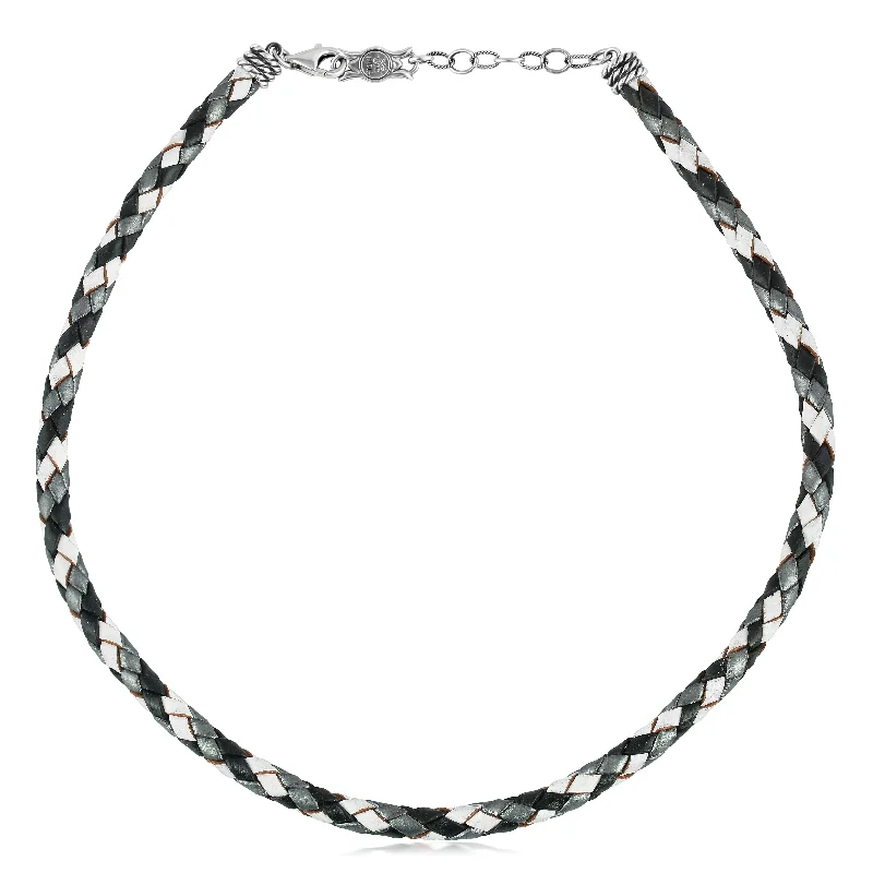 Sterling Silver Multi-Color Braided Black, White and Gray Leather Necklace, 17 and 20 Inches