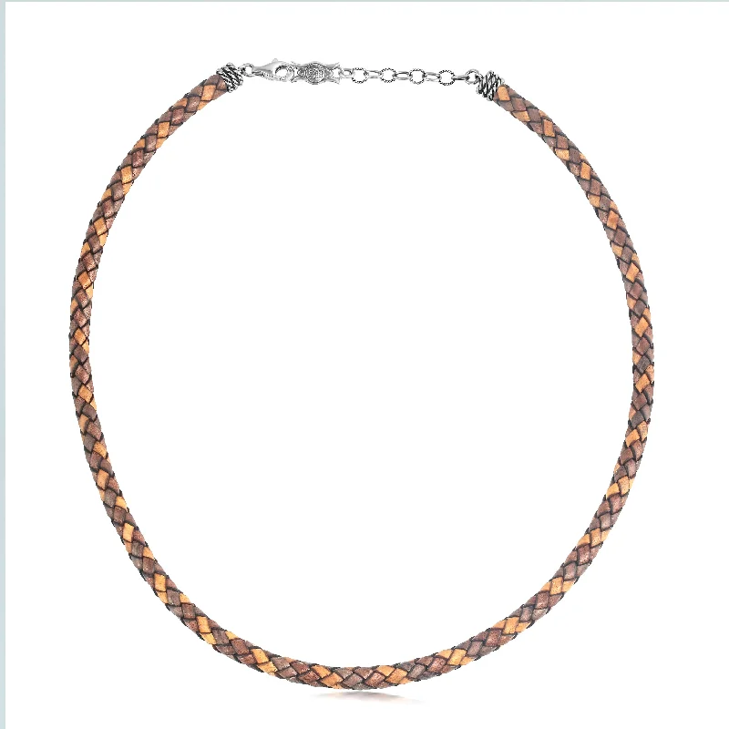 Sterling Silver Multi-Color Braided Brown Leather Necklace, 17 and 20 Inches