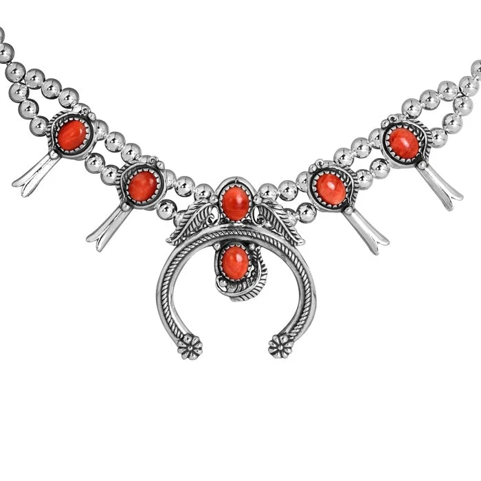 Sterling Silver Red Spiny Gemstone Squash Blossom Naja Necklace, 17 to 20 Inches